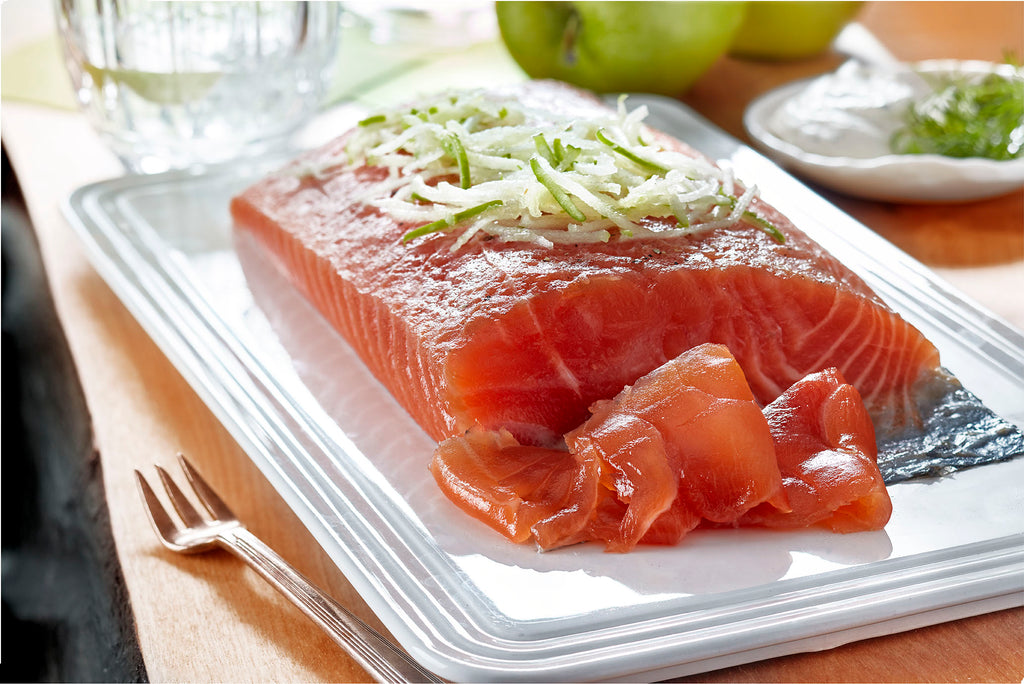 Salmon Gravlax with green apples and ice cider