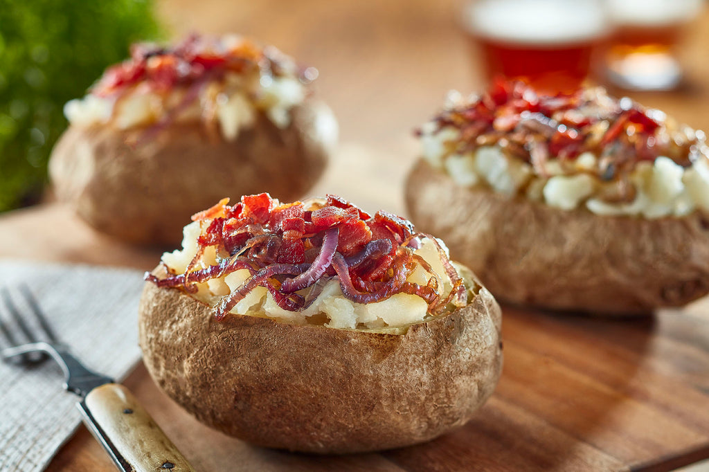 Stuffed potatoes with caramelized onions and bacon