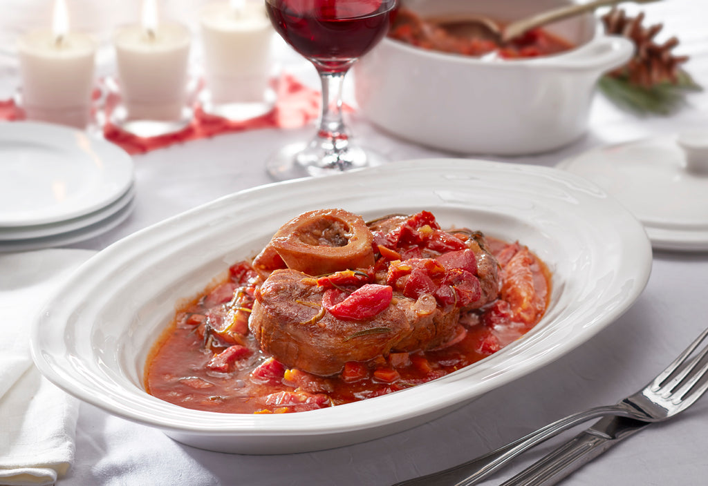 Dried tomatoes and rosemary veal osso buco, spiced ricota gremolata