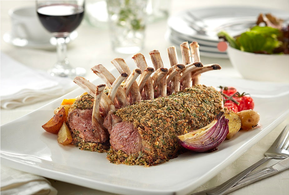 Crusted rack of lamb with roasted nut vinaigrette