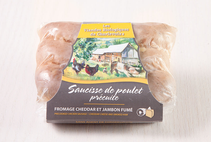 Saucisses de poulet biologique au fromage cheddar et jambon fumé - Viandes de la ferme